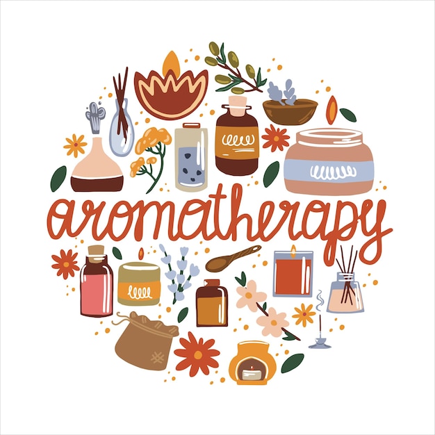 Illustration de l'aromathérapie et des huiles essentielles Bâtons d'encens bougies et herbes spa