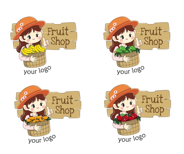 Illustration d'art de dessin animé mignon agriculteur fille logo fruit shop