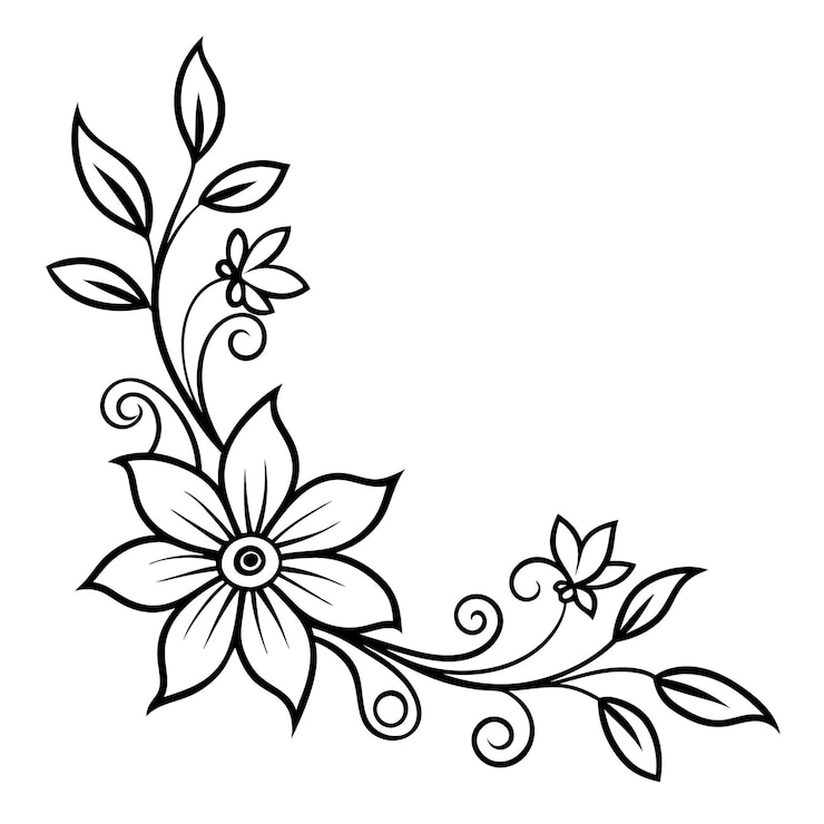 Vecteur illustration d'art à la ligne de coin floral en noir et blanc