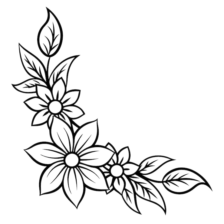 Vecteur illustration d'art à la ligne de coin floral en noir et blanc