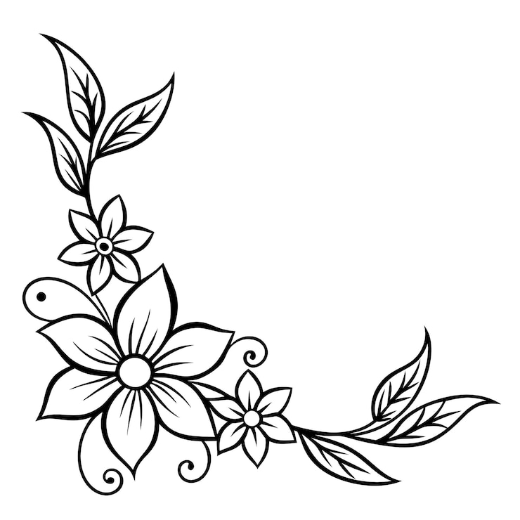 Vecteur illustration d'art à la ligne de coin floral en noir et blanc