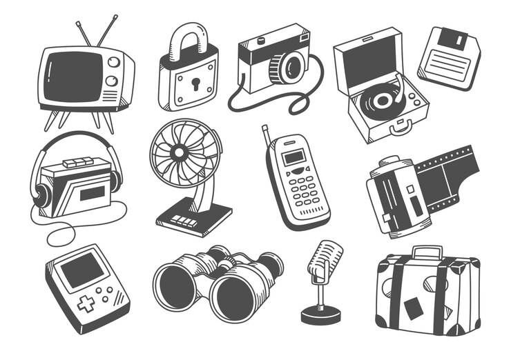 Vecteur illustration d'art de ligne de collection d'équipement vintage