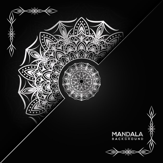 Vecteur illustration d'art en ligne mandala géométrique argent isolée sur fond noir