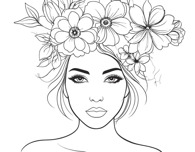 Vecteur illustration d'art en ligne minimale d'une femme avec des fleurs élégantes