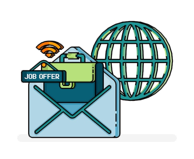 Vecteur illustration d'art en ligne de pixels d'une mallette hors de la métaphore de l'e-mail de l'offre d'emploi et de l'embauche recherche de postes vacants sur internet peut être utilisée pour les sites web publicitaires dépliants brochures d'offres d'emploi et d'embauche