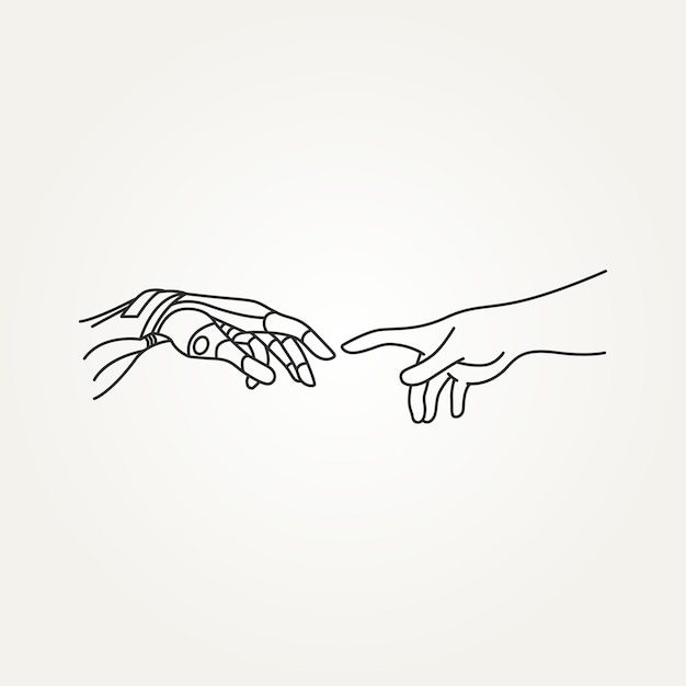Vecteur illustration d'art en ligne simple de mains robotiques et humaines se touchant, symbole de connexion entre les personnes et l'intelligence artificielle