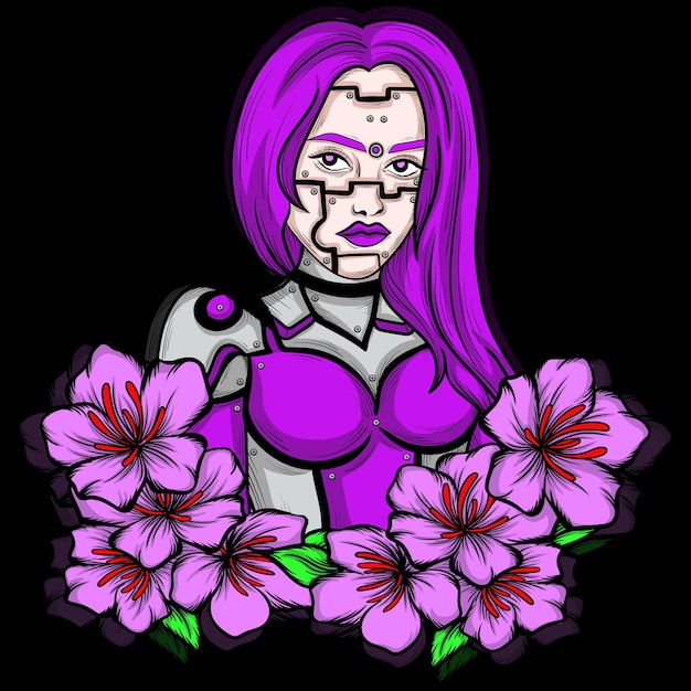 Illustration Art Robot Girl Cheveux Violets Avec Design De Personnage De Fleur