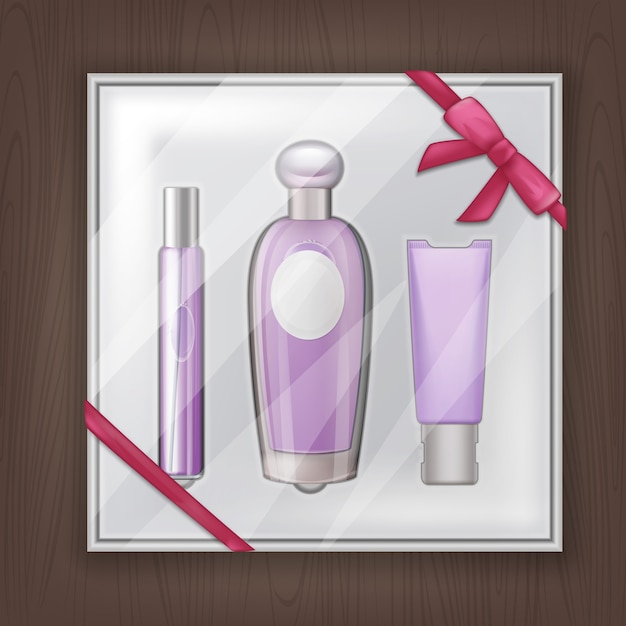 illustration d & # 39; articles de parfum cadeau sur l & # 39; emballage avec ruban rose