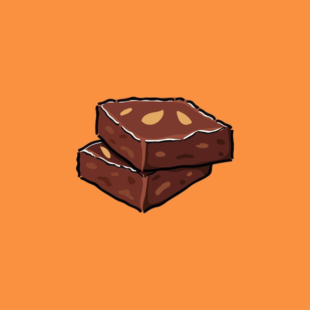 Illustration artistique des carrés de brownies au chocolat empilés sur un fond orange vibrant