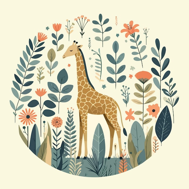 Illustration Artistique D'une Girafe Entourée D'éléments De La Nature Tels Que Des Fleurs Et Des Plantes