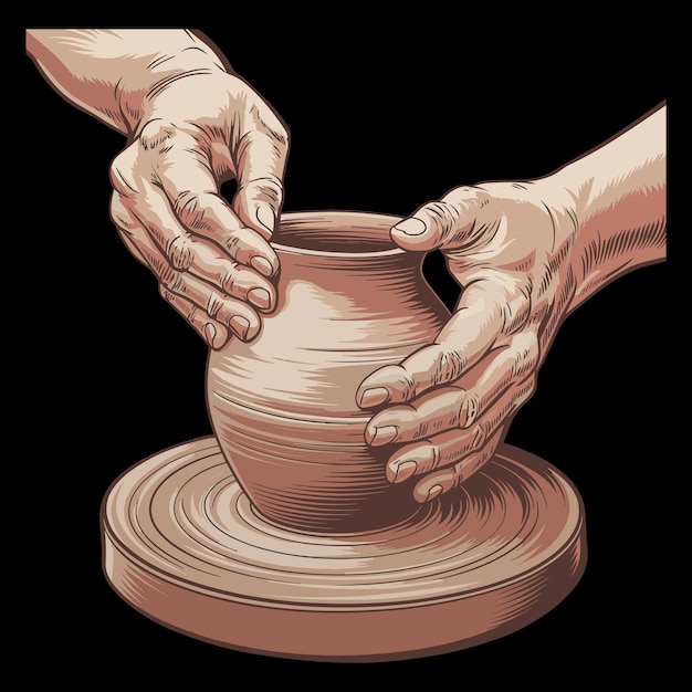 Illustration artistique de la roue de poterie avec des mains fabriquant de l'argile sur un fond noir