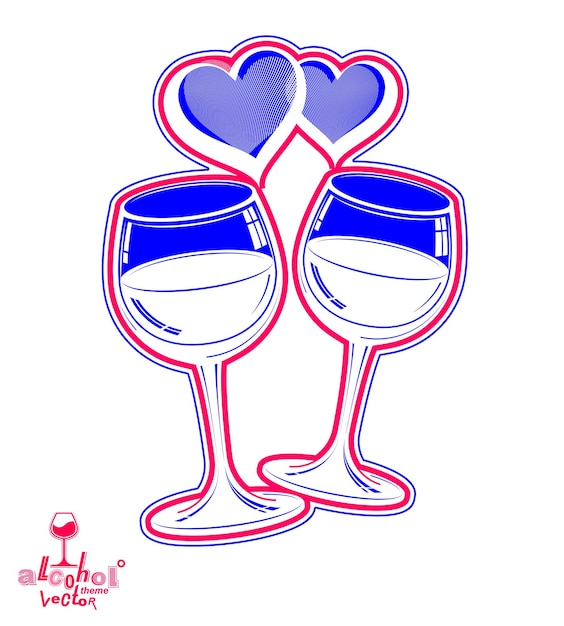 Illustration artistique vectorielle de deux verres à vin - objet graphique conceptuel de couple de mariage. Thème de célébration - gobelet stylisé avec des cœurs aimants et un beau ruban.