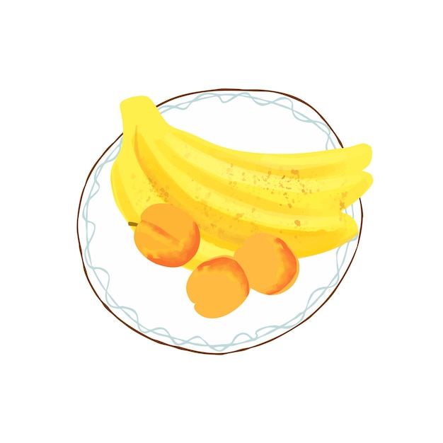 Illustration d'une assiette d'abricots et de bananes sur fond blanc