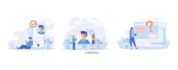 Illustration de l'assistance client. Personnages utilisant la plate-forme d'assistance en ligne.