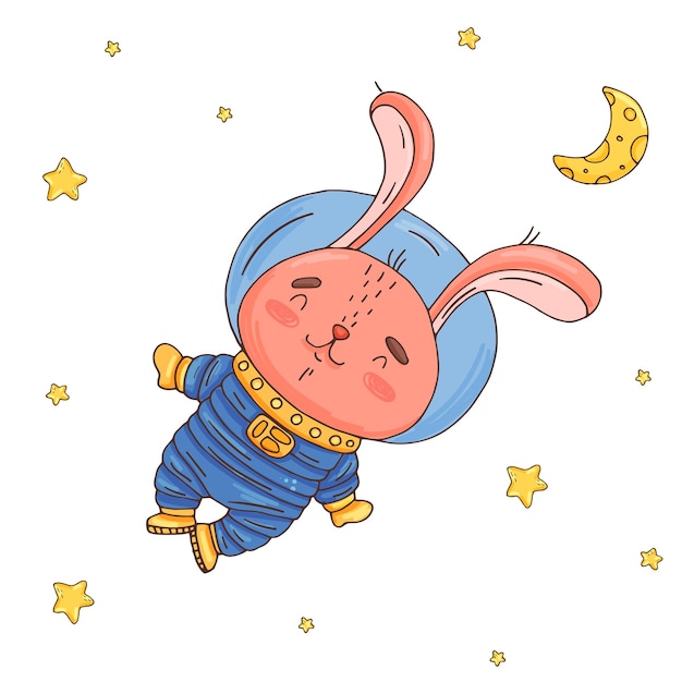 Illustration Avec Un Astronaute De Dessin Animé De Lapin Mignon Dans L'espace élément Pour Imprimer Une Carte Postale Et Une Affiche Illustration Vectorielle