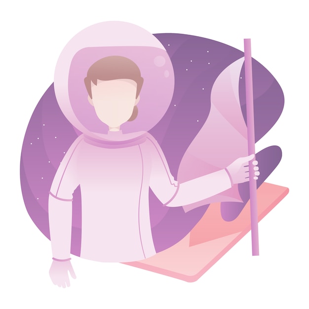 Vecteur illustration de l'astronaute féminine avec homme portant espace costume tout en tenant un drapeau