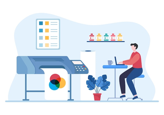 Illustration de l'atelier d'impression avec processus de production à l'imprimerie et machines pour le fichier d'exploitation