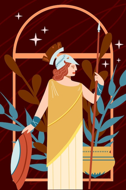 Vecteur illustration d'athéna grèce ancienne et mythologie une femme avec une lance et un bouclier