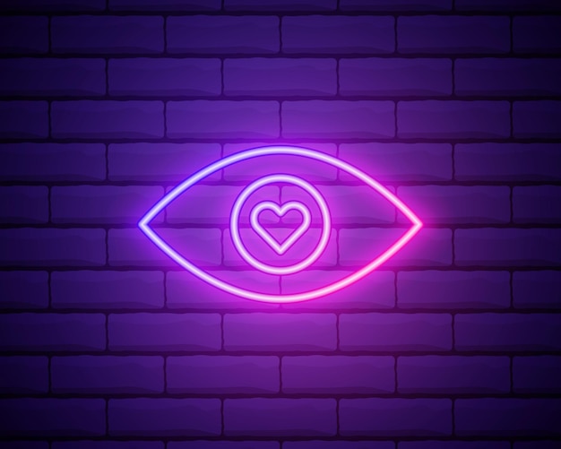 Illustration au néon d'emoji eye in love Icône vectorielle d'emoji amoureux de dessin animé avec des yeux de coeur dans le style néon de contour Émoticône rougeoyante isolée sur le mur de briques