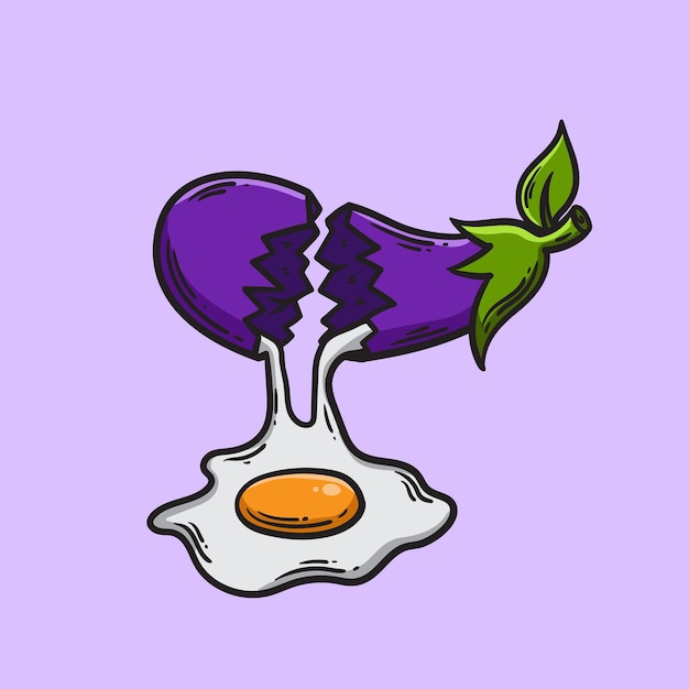 Illustration D'aubergine Cassée Libérant Un œuf Entier Sur Fond Violet