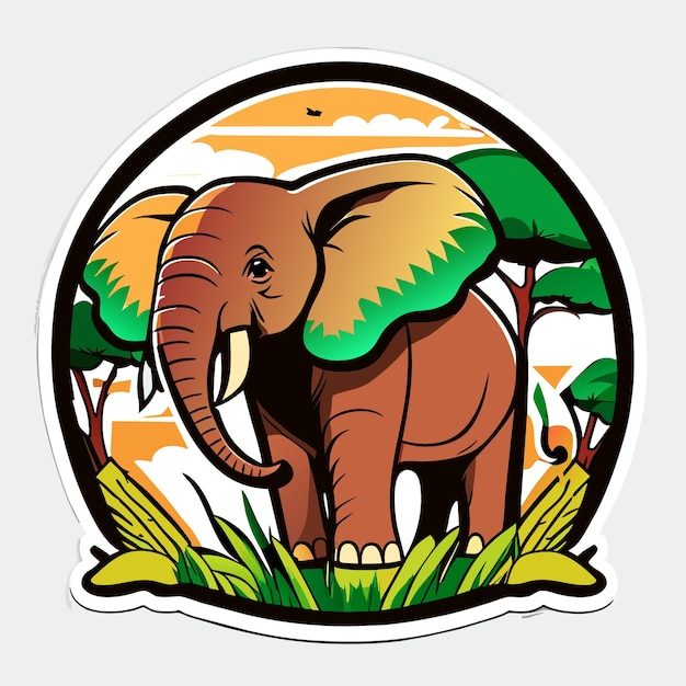 Illustration d'autocollant d'éléphant de forêt africaine de dessin animé