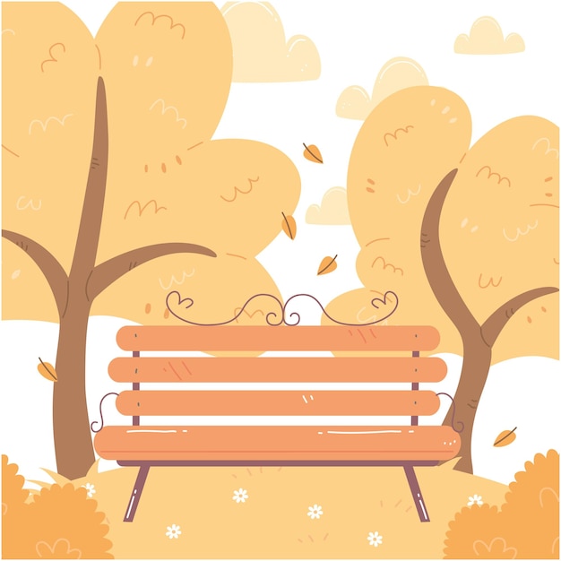 Vecteur illustration d'automne d'un banc de parc avec des arbres sur l'illustration de fond dans un style plat de dessin animé