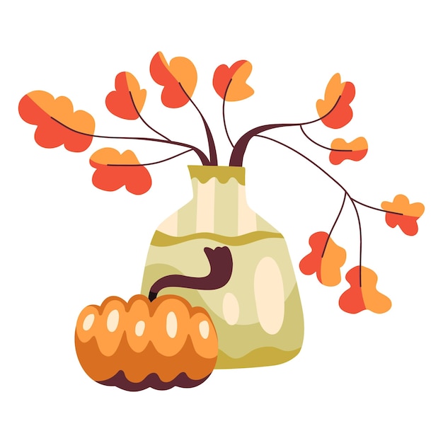 Illustration D'automne Avec Une Branche De Vase Avec Des Feuilles Et De La Citrouille