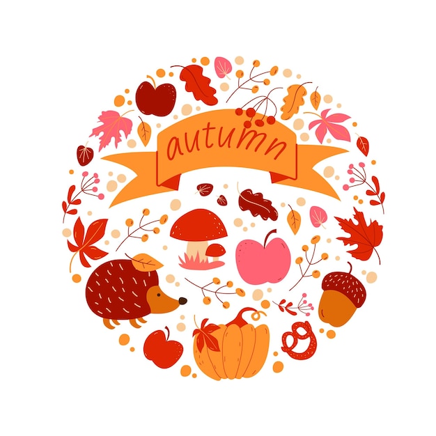 Illustration d'automne avec des champignons, des pommes, des glands, des citrouilles, des hérissons et des feuilles