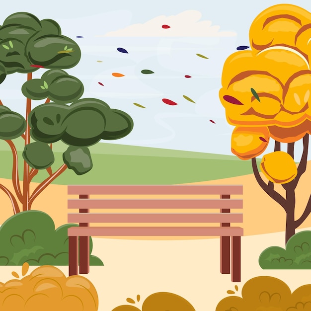 Illustration d'automne doré avec des arbres et un banc en bois au milieu