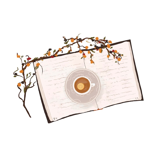 Illustration D'automne D'un Livre Avec Une Tasse De Thé