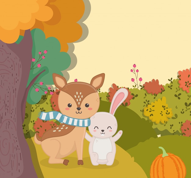 Illustration D'automne De Mignon Cerf Avec La Forêt De Citrouilles De Lapin