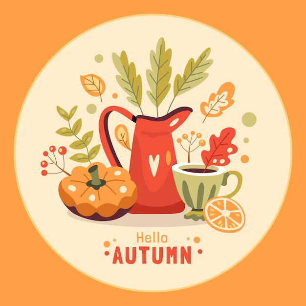 Illustration D'automne Avec Pot De Boisson Chaude Citrouille Et Feuilles