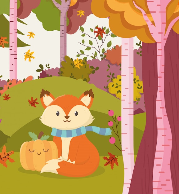 Vecteur illustration d'automne de renard mignon avec forêt de citrouilles