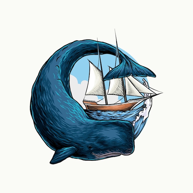 Illustration De Baleines Et De Navires Dans Un Cercle