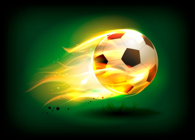 Illustration D'un Ballon De Football, Soccer Dans Une Flamme Ardente Sur Un Champ Vert