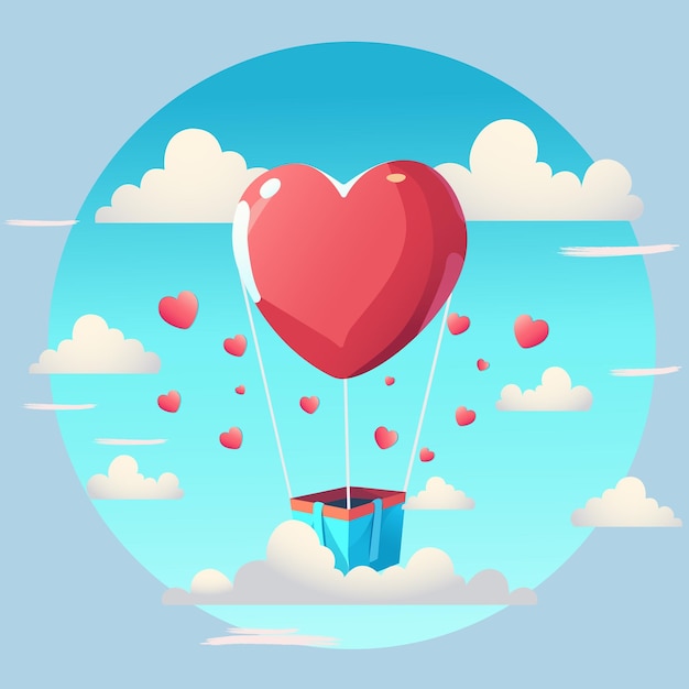 Illustration De Ballons En Forme De Coeur Rouge Avec Des Nuages Contre L'arrière-plan Du Cercle Bleu Pastel Concept D'amour Ou De La Saint-valentin