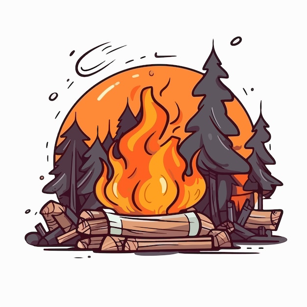 Illustration De Bande Dessinée D'un Feu De Camp Avec Un Feu Dans Les Bois