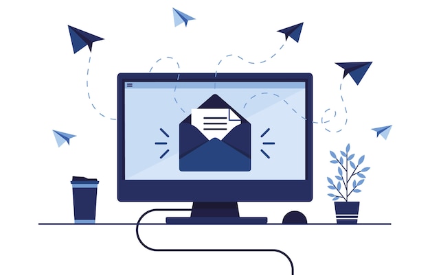 Illustration De Bannière D'email Marketing. Lieu De Travail à La Maison, Au Bureau. Ordinateur, Pc. Boîte Aux Lettres Avec Une Lettre Et Une Enveloppe. Recevez Et Envoyez Des Messages. Avion En Papier. Bleu.