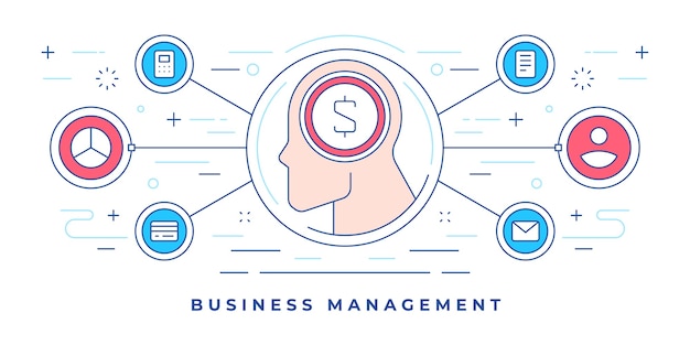 illustration de la bannière de ligne plate avec des icônes graphiques autour du profil humain avec le symbole de l & # 39; argent
