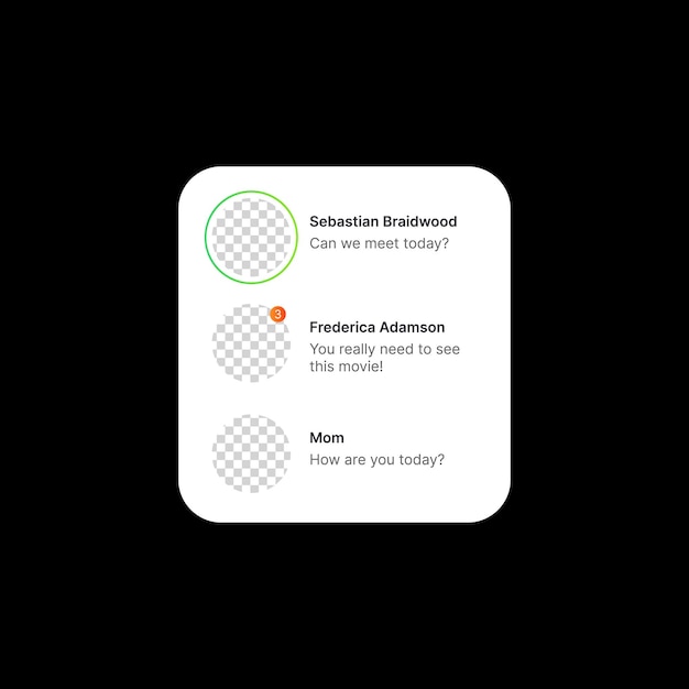 Illustration de bannière de messages entrants Concept d'interface utilisateur de médias sociaux sur fond noir Liste de trois utilisateurs Noms modifiables Texte et icône de profil d'utilisateurs Avatars Élément Web pour application mobile