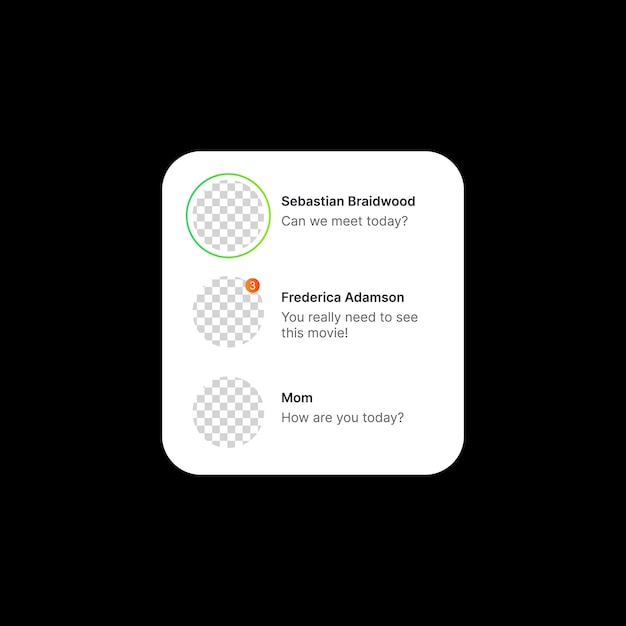 Illustration De Bannière De Messages Entrants Concept D'interface Utilisateur De Médias Sociaux Sur Fond Noir Liste De Trois Utilisateurs Noms Modifiables Texte Et Icône De Profil D'utilisateurs Avatars élément Web Pour Application Mobile