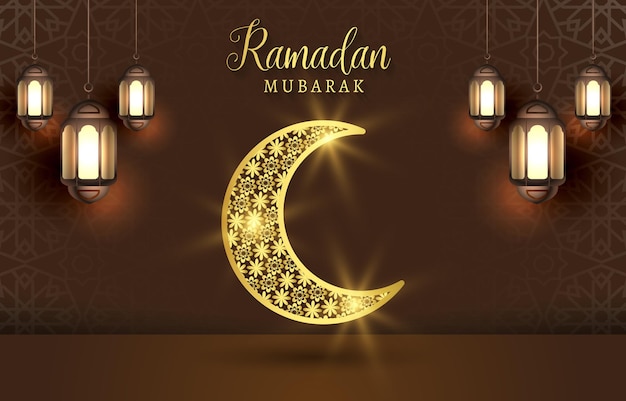 Illustration De Bannière De Modèle De Ramadan Mubarak Avec Un Bel Ornement Islamique De Luxe Brillant Et Un Design De Fond Brun Dégradé Abstrait