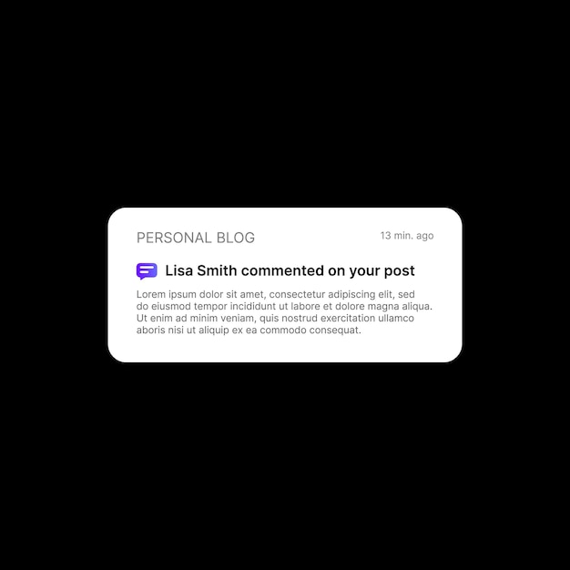 Illustration de bannière de notification de commentaire de publication Blog personnel Concept d'interface utilisateur de médias sociaux sur fond noir Titre de temps modifiable et texte avec icône de bulle de dialogue Élément Web pour applications mobiles