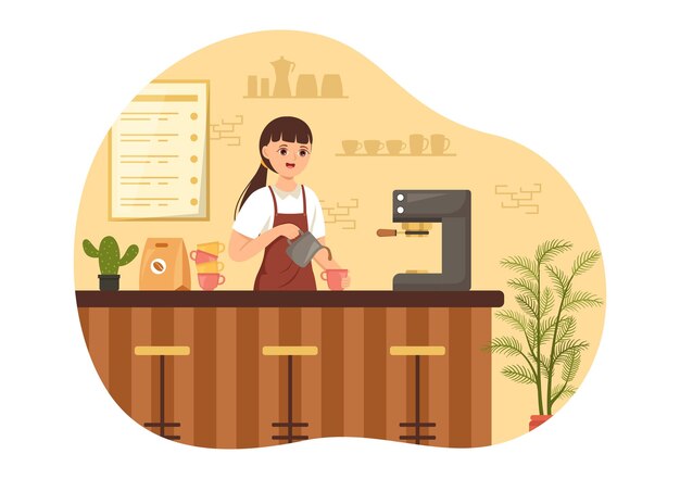 Vecteur illustration de barista avec tablier debout faisant du café pour le client dans un modèle dessiné à la main