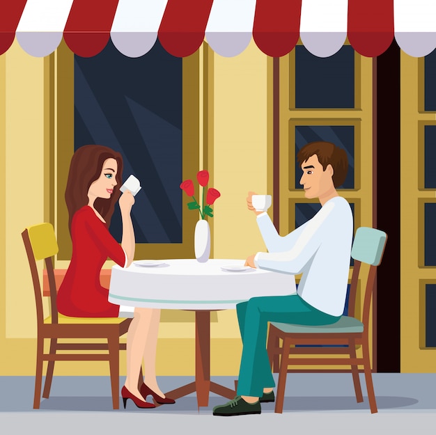 Vecteur illustration de beau couple boit du café dans un café. un homme et une femme sont assis à une table à l'extérieur d'un restaurant dans un style plat.