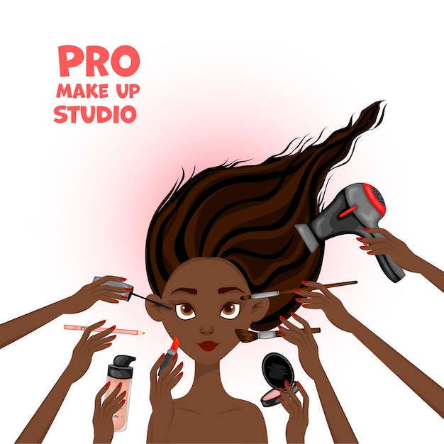 Illustration de la beauté avec le visage féminin africain et les mains avec des cosmétiques