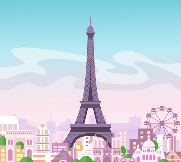 illustration de la belle vue sur la ville avec des bâtiments et des arbres aux couleurs pastel. Symbole de Paris en mignon e avec la ville et la tour Eiffel, France.