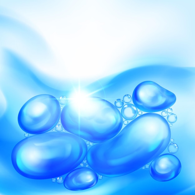 Vecteur illustration avec de belles bulles d'air réalistes avec des reflets brillants flottant dans l'eau ou un autre liquide de couleur bleu clair