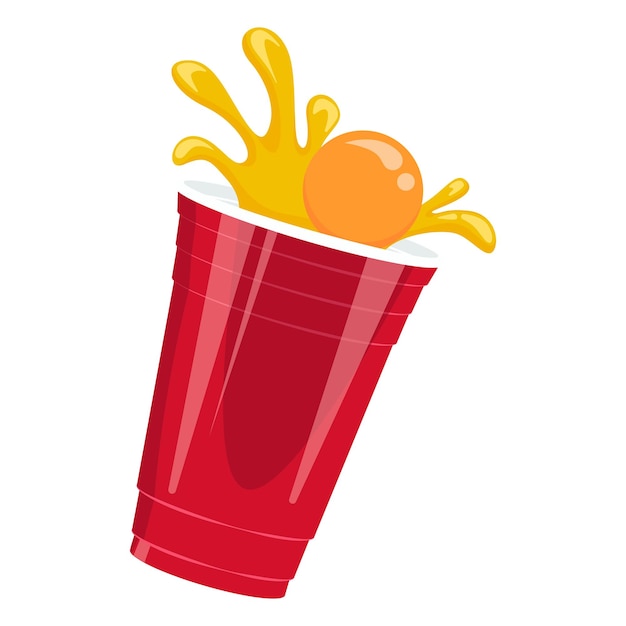 Vecteur illustration de bière pong rouge tasse et boule en plastique avec éclaboussures de bière jeu de fête traditionnel