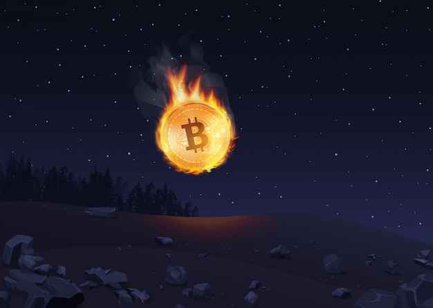 Illustration De Bitcoin En Feu Tombant Au Sol La Nuit.